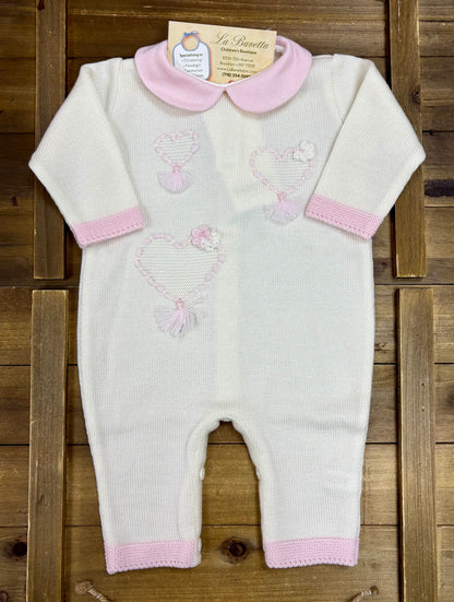 Bimbalo Baby Girl Ivory Knit Romper with Heart Embroidery