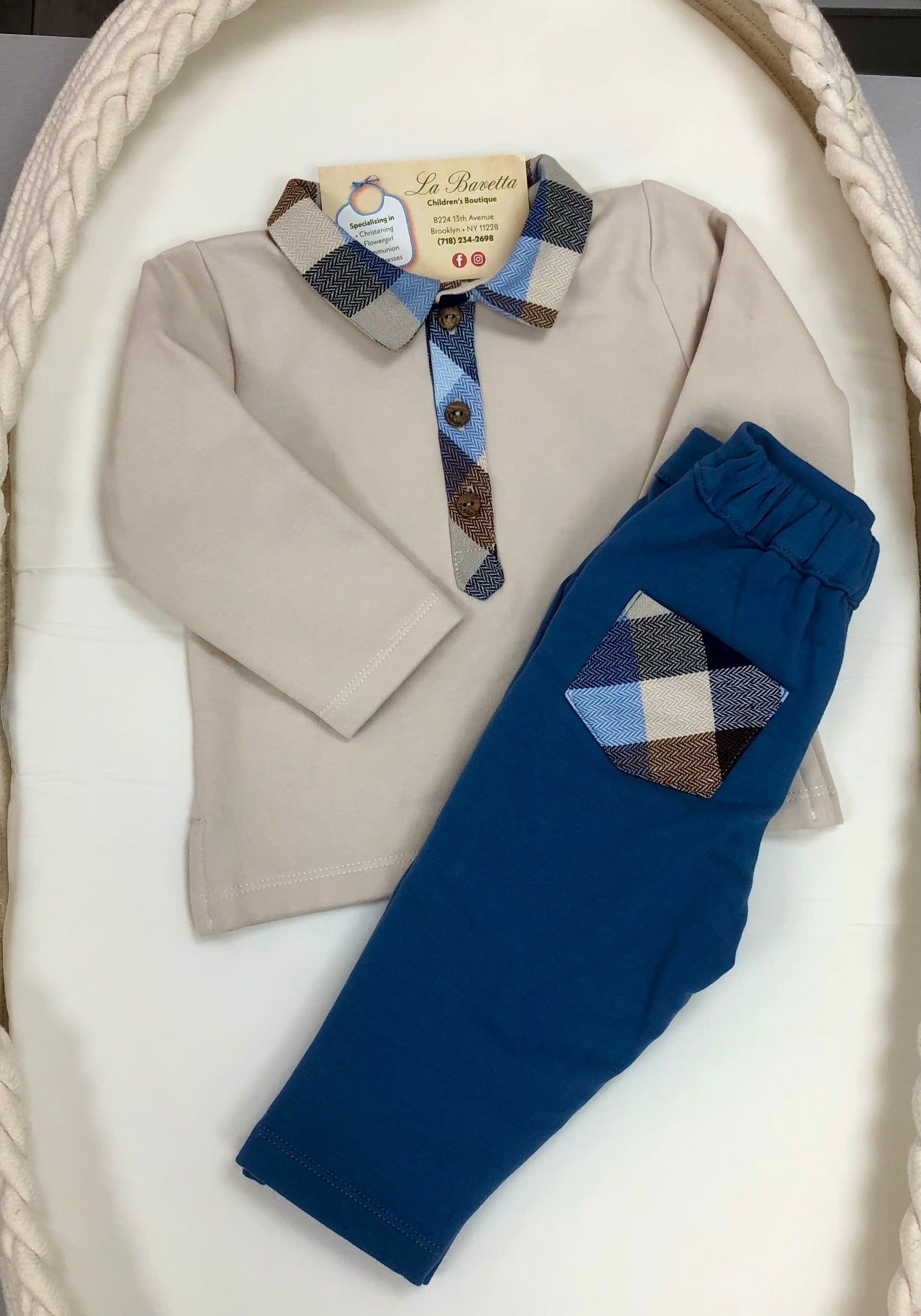 3pc navy & tan baby boys pants set