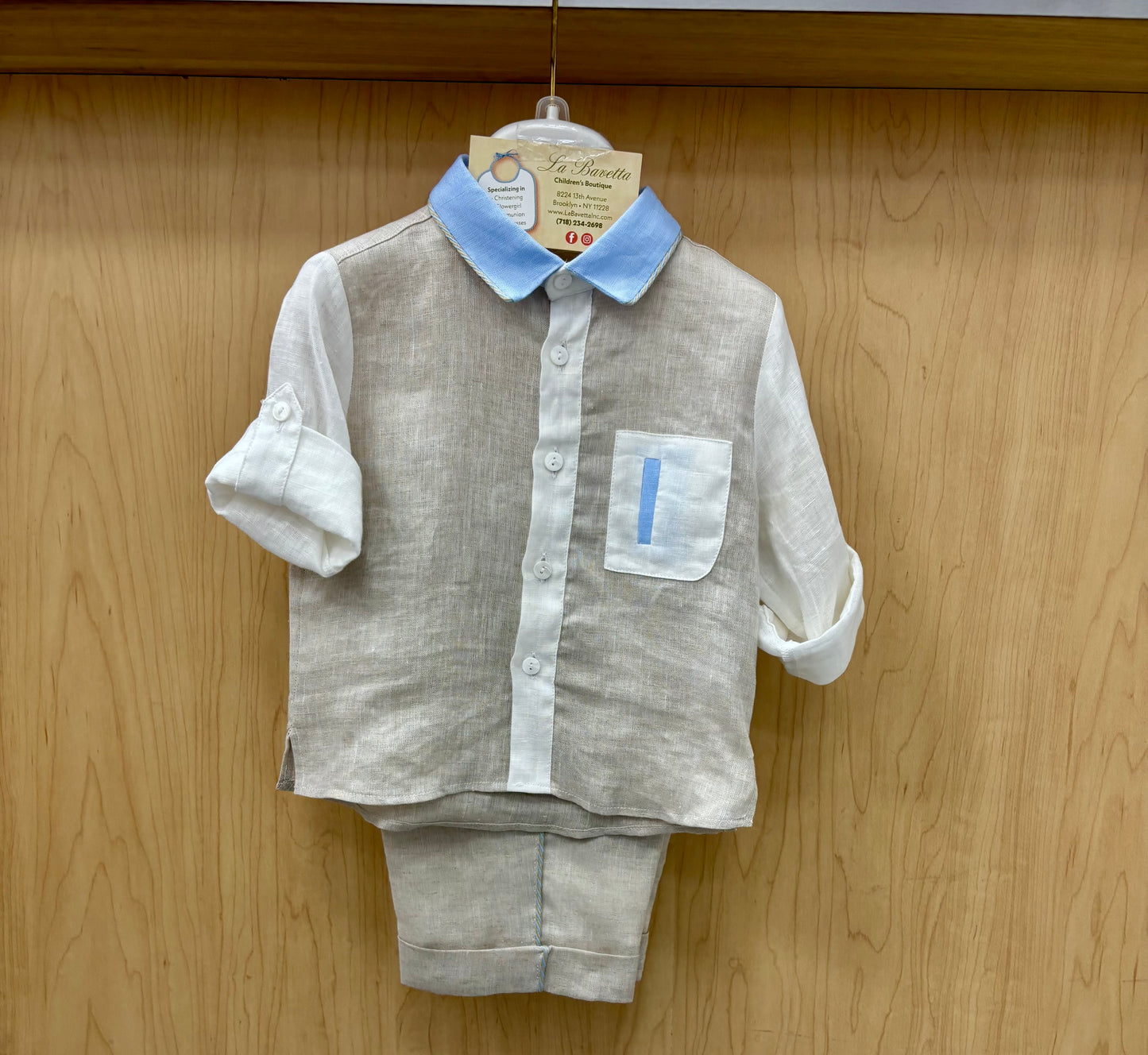 Bimbalo Boys' 2-Piece Linen Shirt & Shorts Set in Taupe Made in Italy
