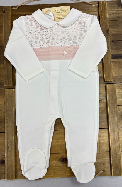 Baby Girl Ivory Lace Footie Romper with blush belt Made In Italy