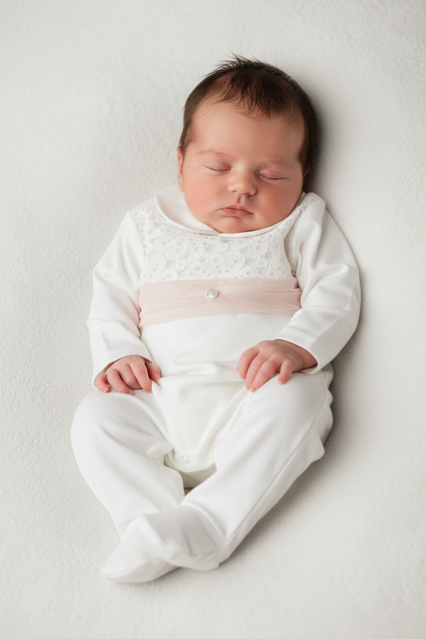 Baby Girl Ivory Lace Footie Romper with blush belt Made In Italy