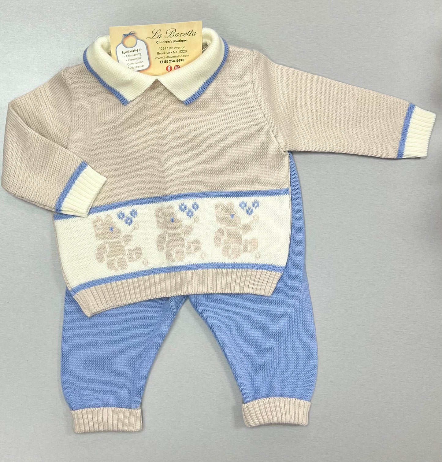 Boys blue & Tan knit set w/Bears Made In Italy