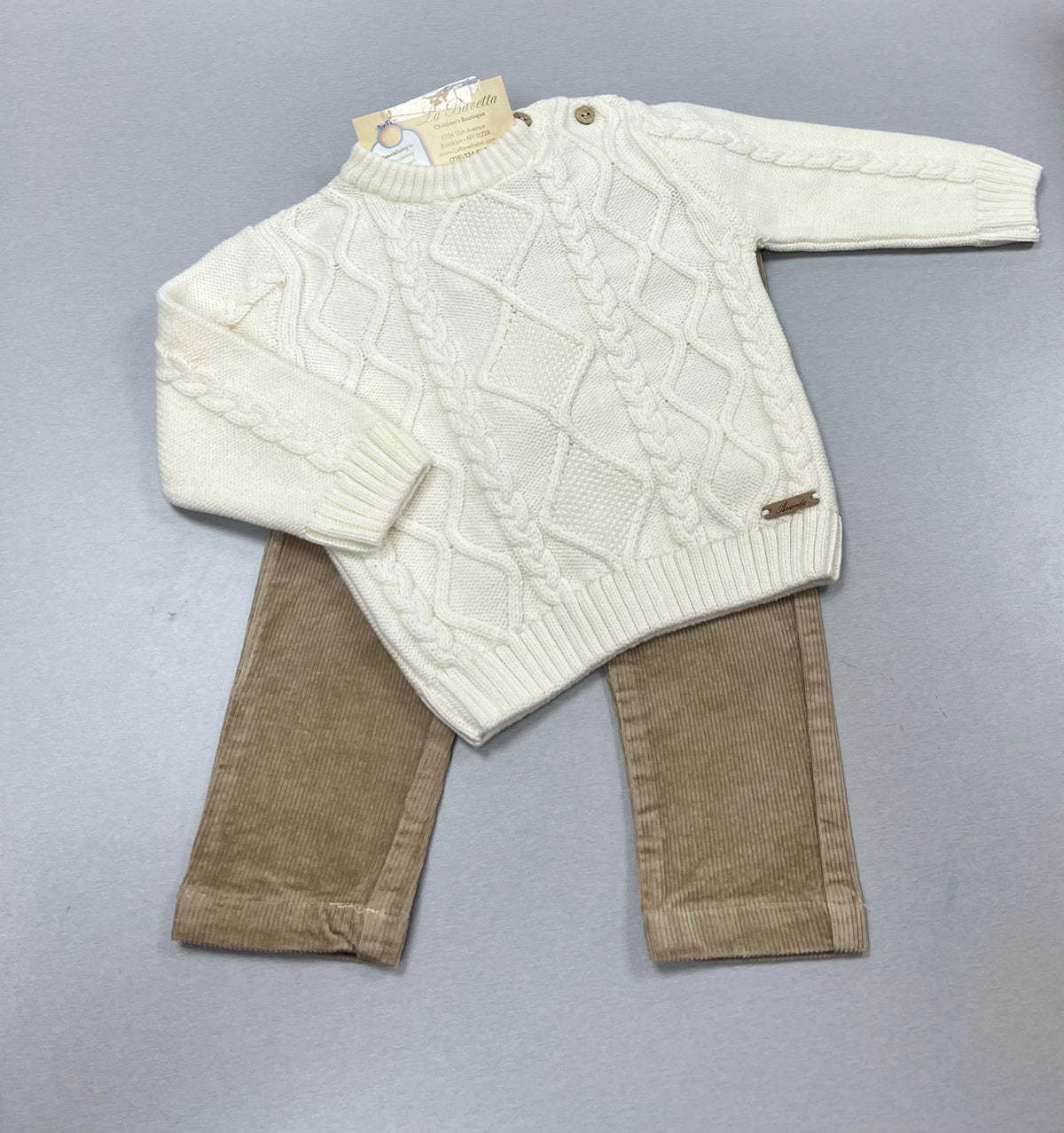 Boys’ Ivory Cable-Knit Sweater & Tan Corduroy Pants Set
