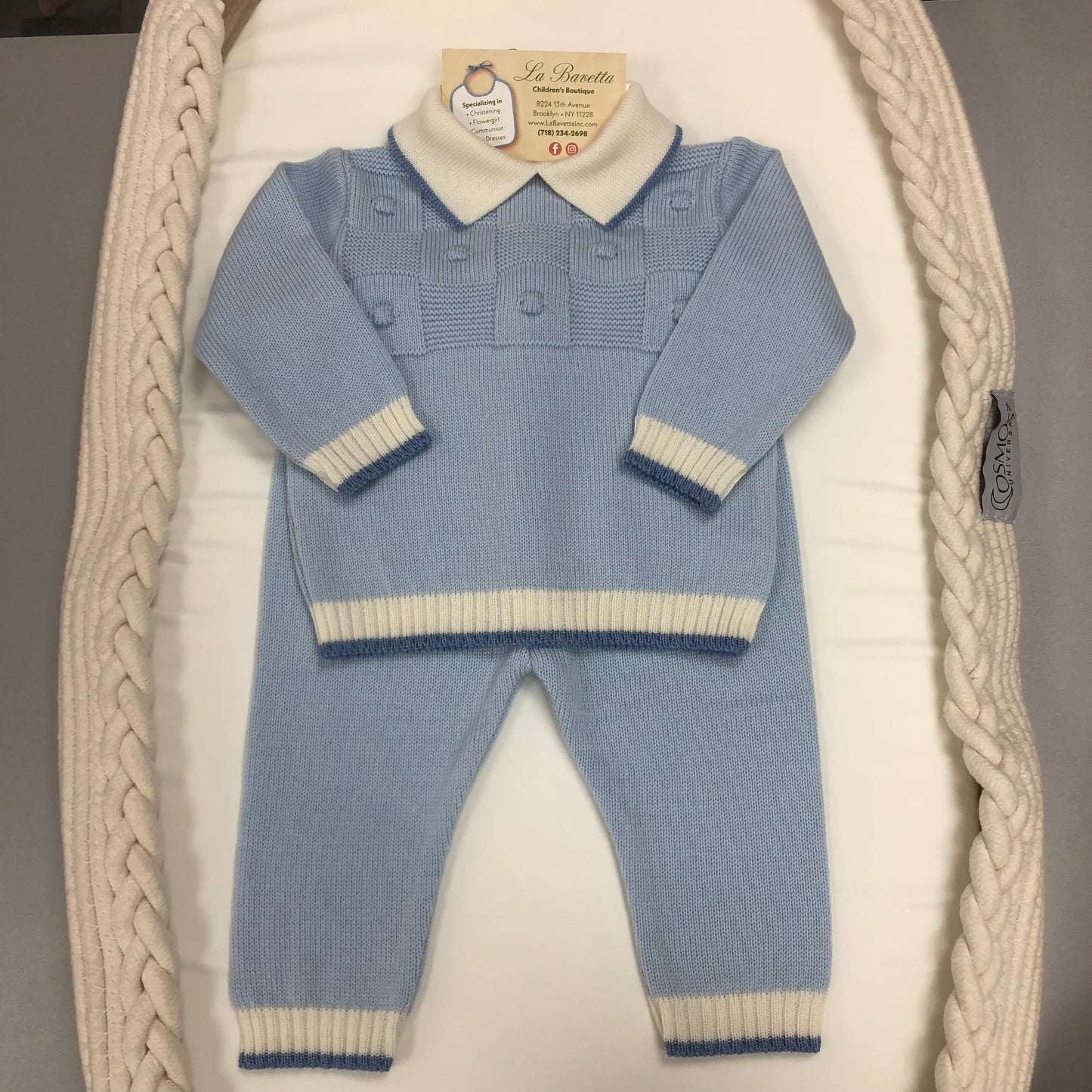 Baby Boy 2pc powder Blue &Ivory pants Set. Made In Italy