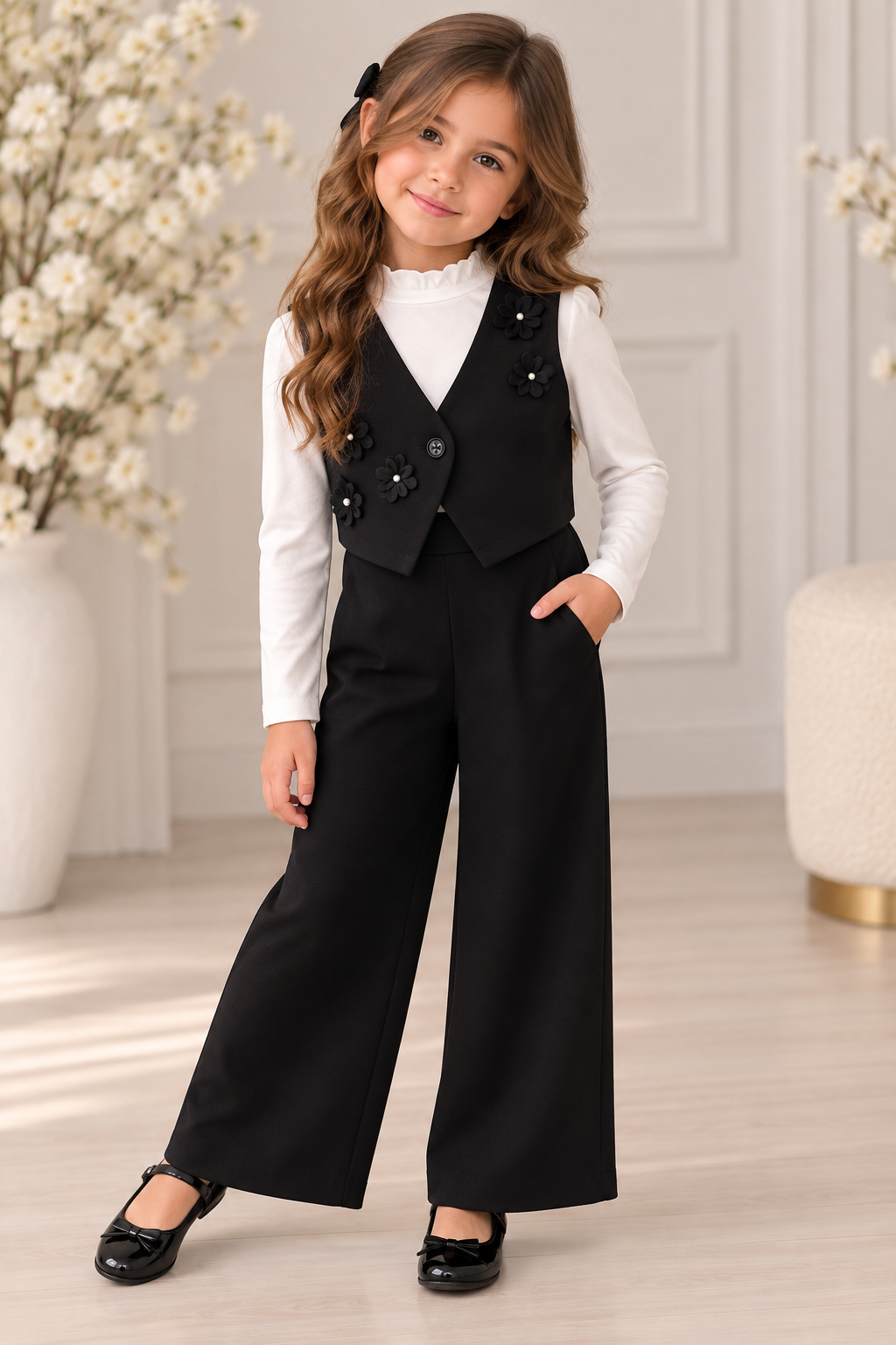 Girls’ Black & White Three-Piece Vest and Wide-Leg Pants Set