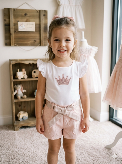 Girls Crown Two-Piece Set – Ruffle Top & Bow Shorts