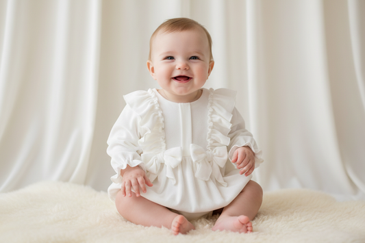 Elegant White velour Baby Ruffle romper made in Italy  Bimbalo