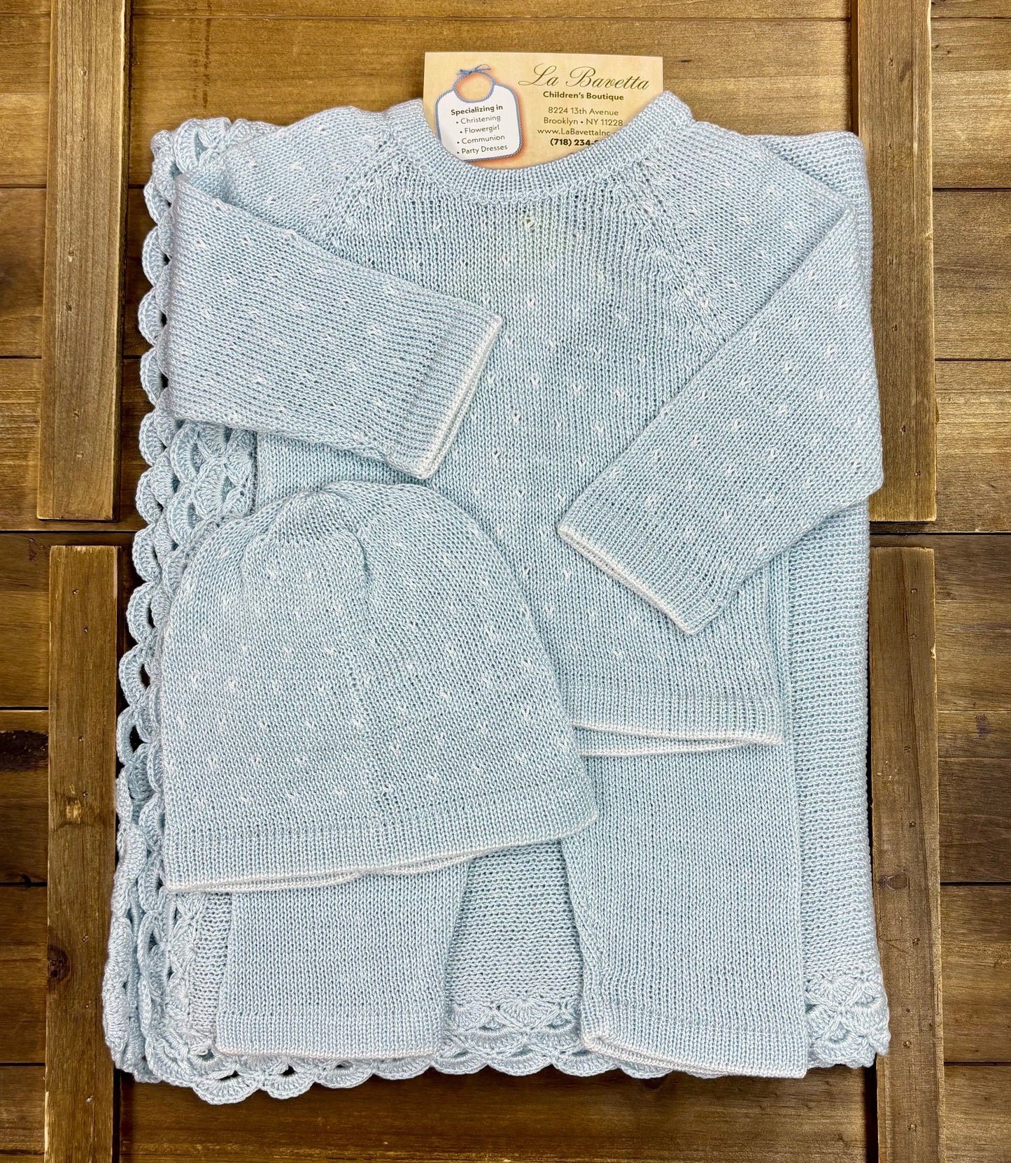 Baby Blue Knit Take-Home Set — Sweater, Pants, Hat & Blanket