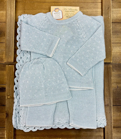 Baby Blue Knit Take-Home Set — Sweater, Pants, Hat & Blanket