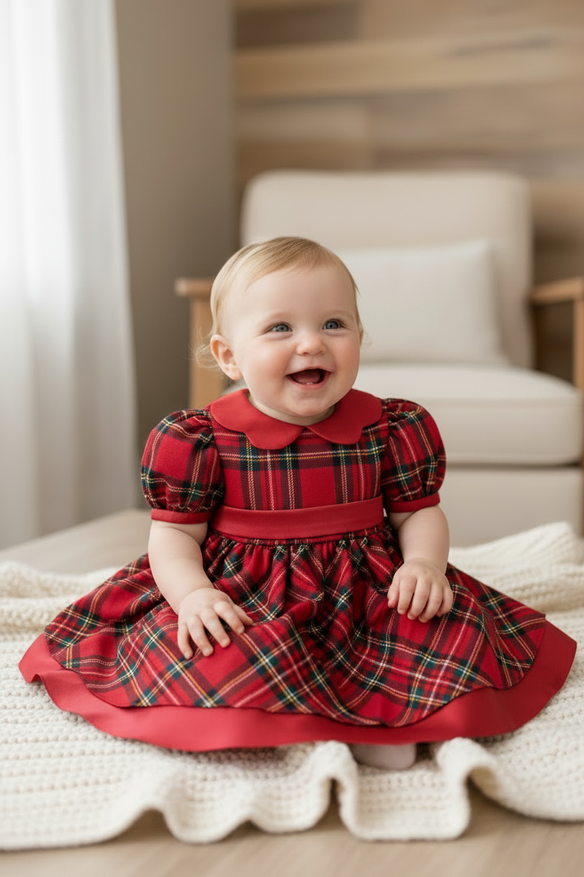 Girls Red Tartan Plaid Holiday Dress Made In Italy