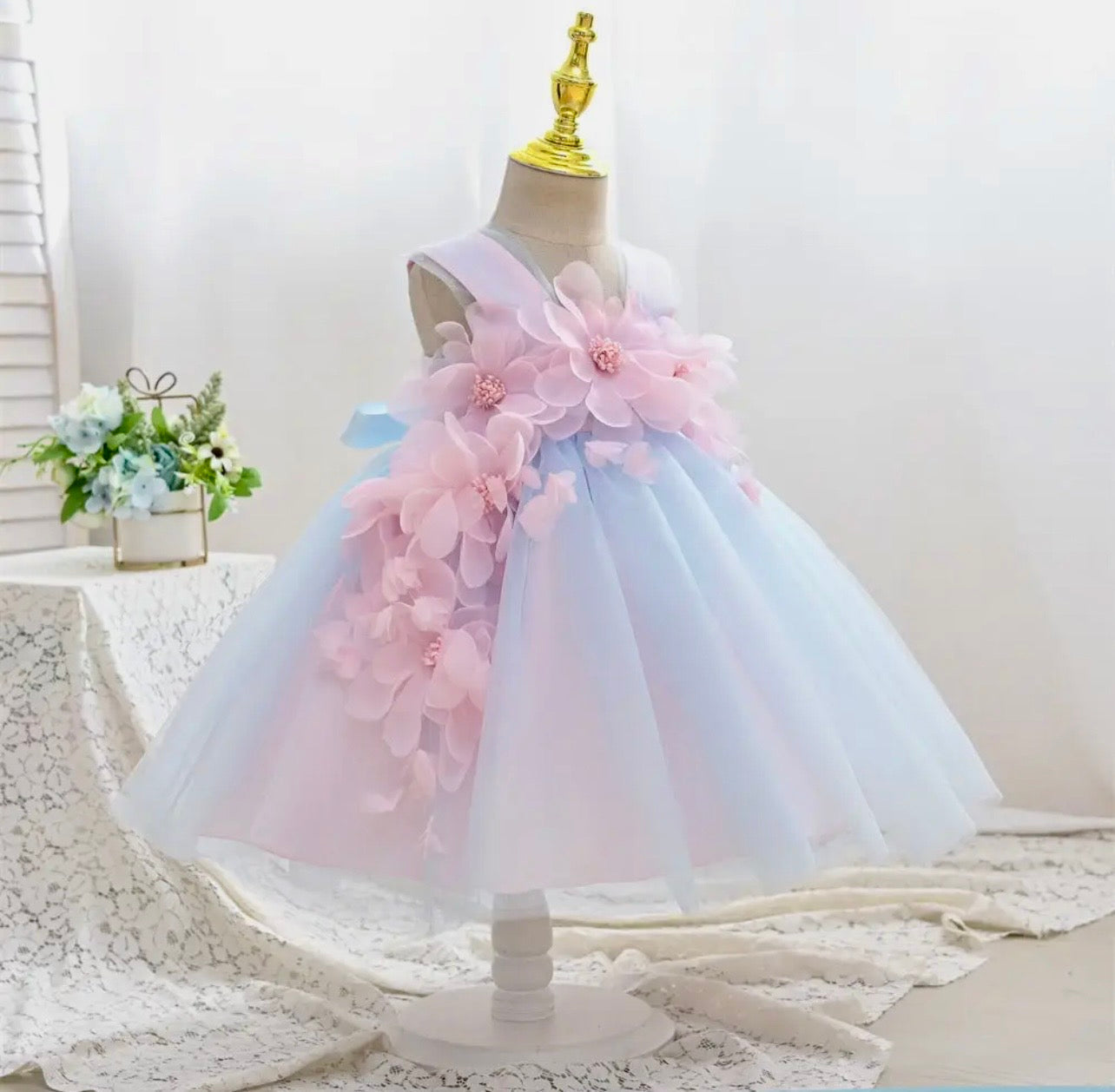 Pink and Blue Floral Tulle Flower Dress