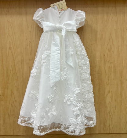 Girls' Christening Gown Set with 3D Floral Appliqués, Sequins & Matching Bonnet