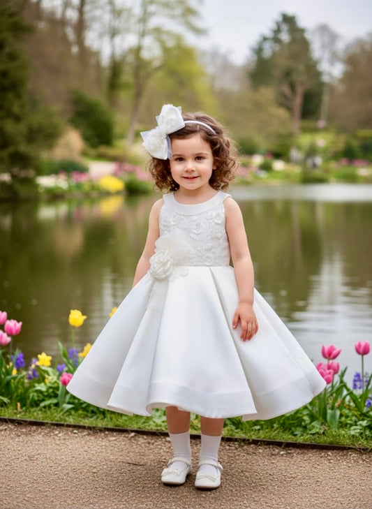 Girls White Lace & Mikado Dress with Oversized petal Bow