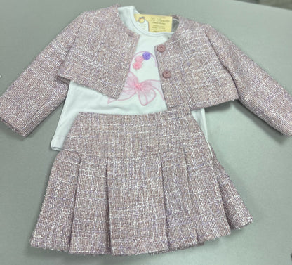 Pink/lavender  Tweed Three-Piece Outfit Set Made In Italy