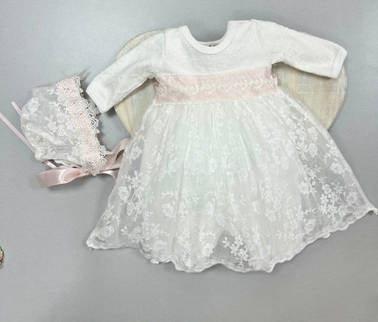 Lace Romper/Dress with pink accents & Bonnet