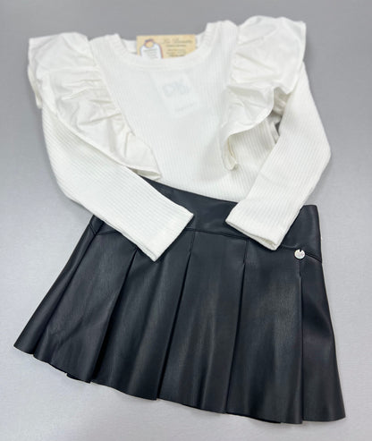 Black leather skirt set with white top DK405