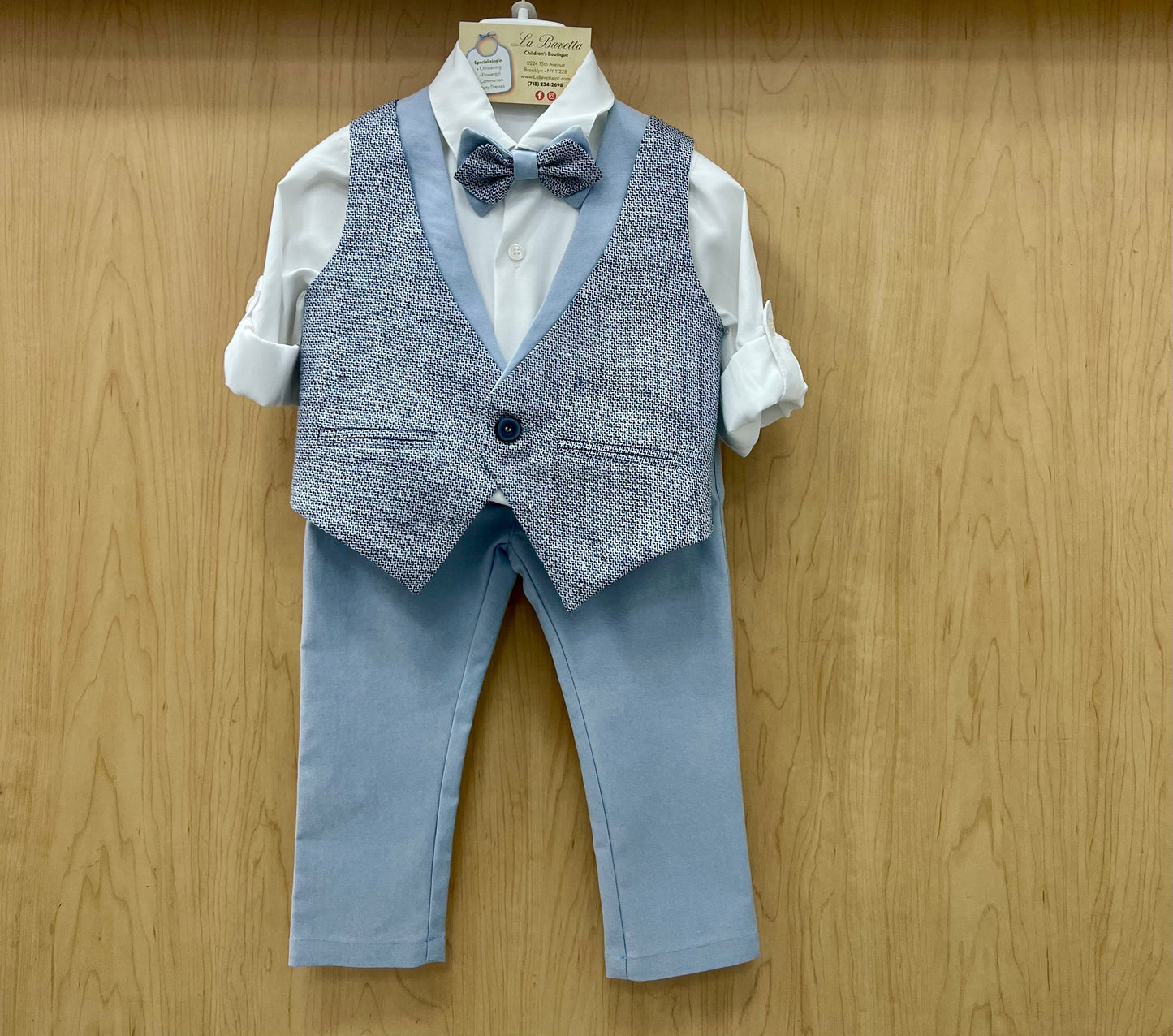 Boys 4-Piece Formal Outfit Set – White Shirt, Textured Vest, Bow Tie & Light Blue Pants