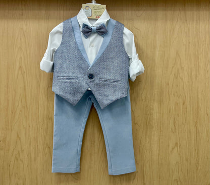 Boys 4-Piece Formal Outfit Set – White Shirt, Textured Vest, Bow Tie & Light Blue Pants