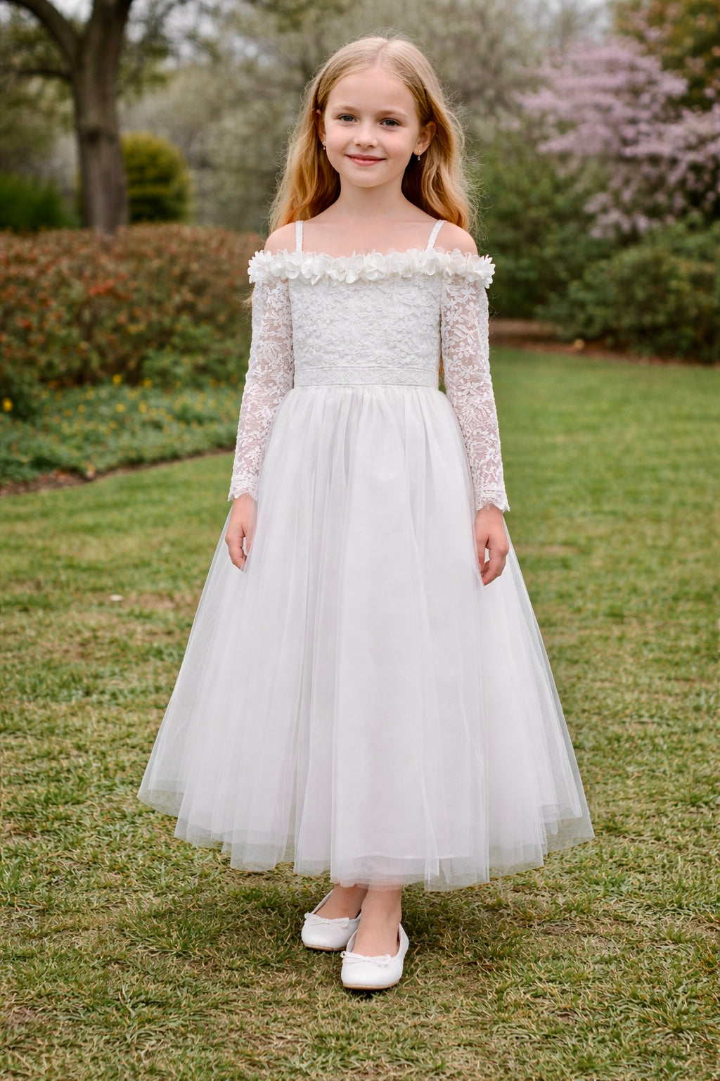 Off-Shoulder Lace & Tulle Flower Girl Dress