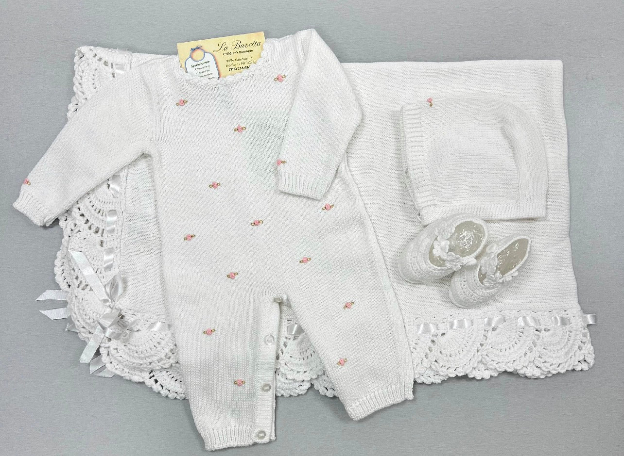 Baby Girl 4-Piece Knit Layette Gift Set – white with Pink Rosebuds