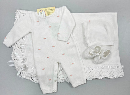 Baby Girl 4-Piece Knit Layette Gift Set – white with Pink Rosebuds
