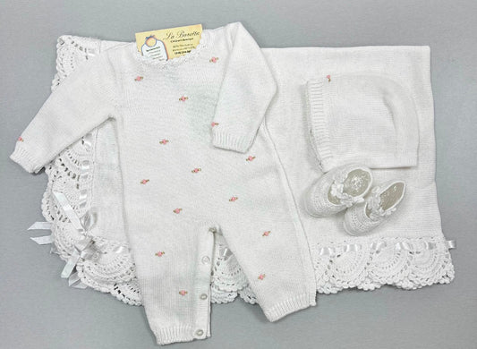 Baby Girl 4-Piece Knit Layette Gift Set – white with Pink Rosebuds