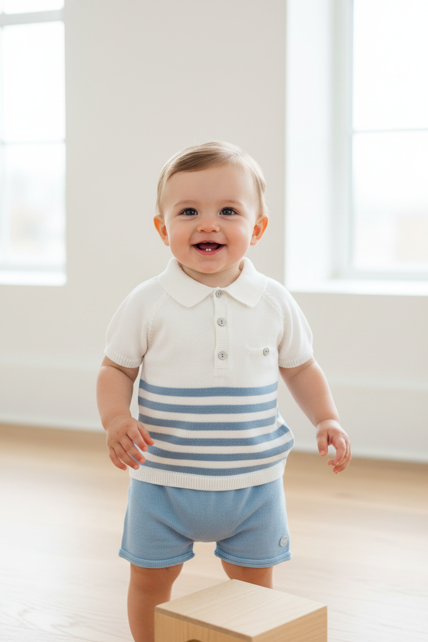 2pc cotton knit baby blue & white boys shorts outfit