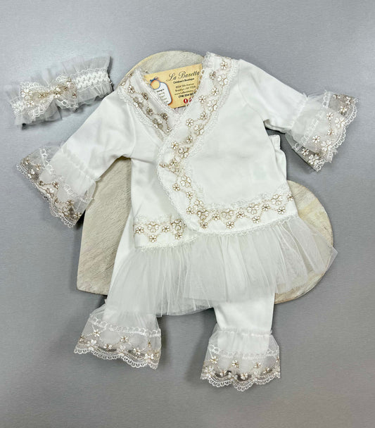 2pc white with Gold trimming 2pc pants set