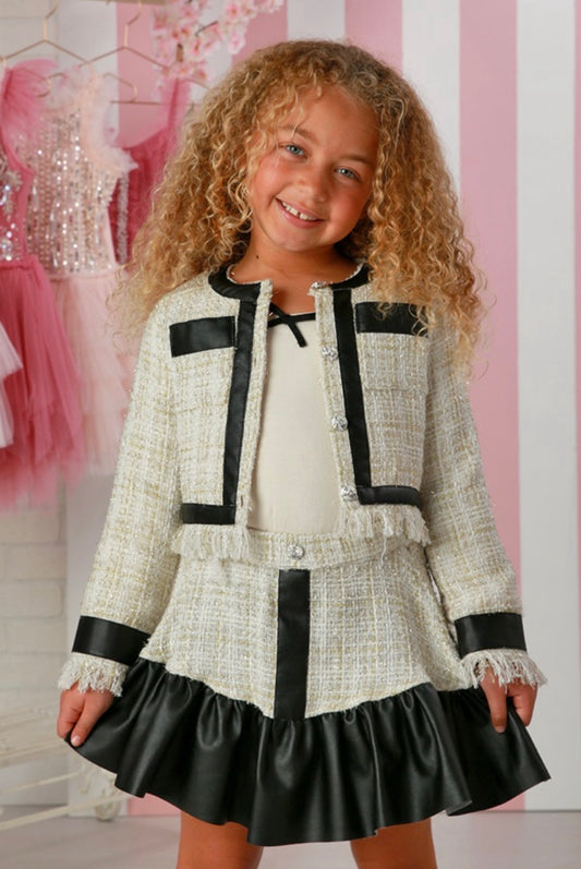Coco tweed & faux leather trimmed 2pc skirt set by ooh la La couture