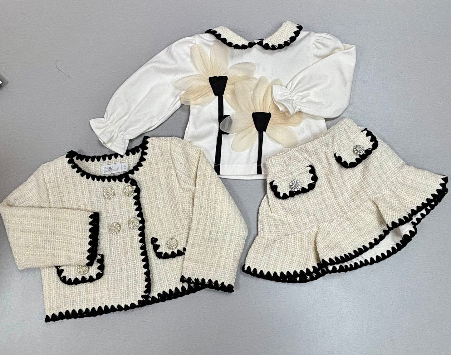 Girls' Ivory Tweed 3-Piece Set – Jacket, Blouse & Skirt