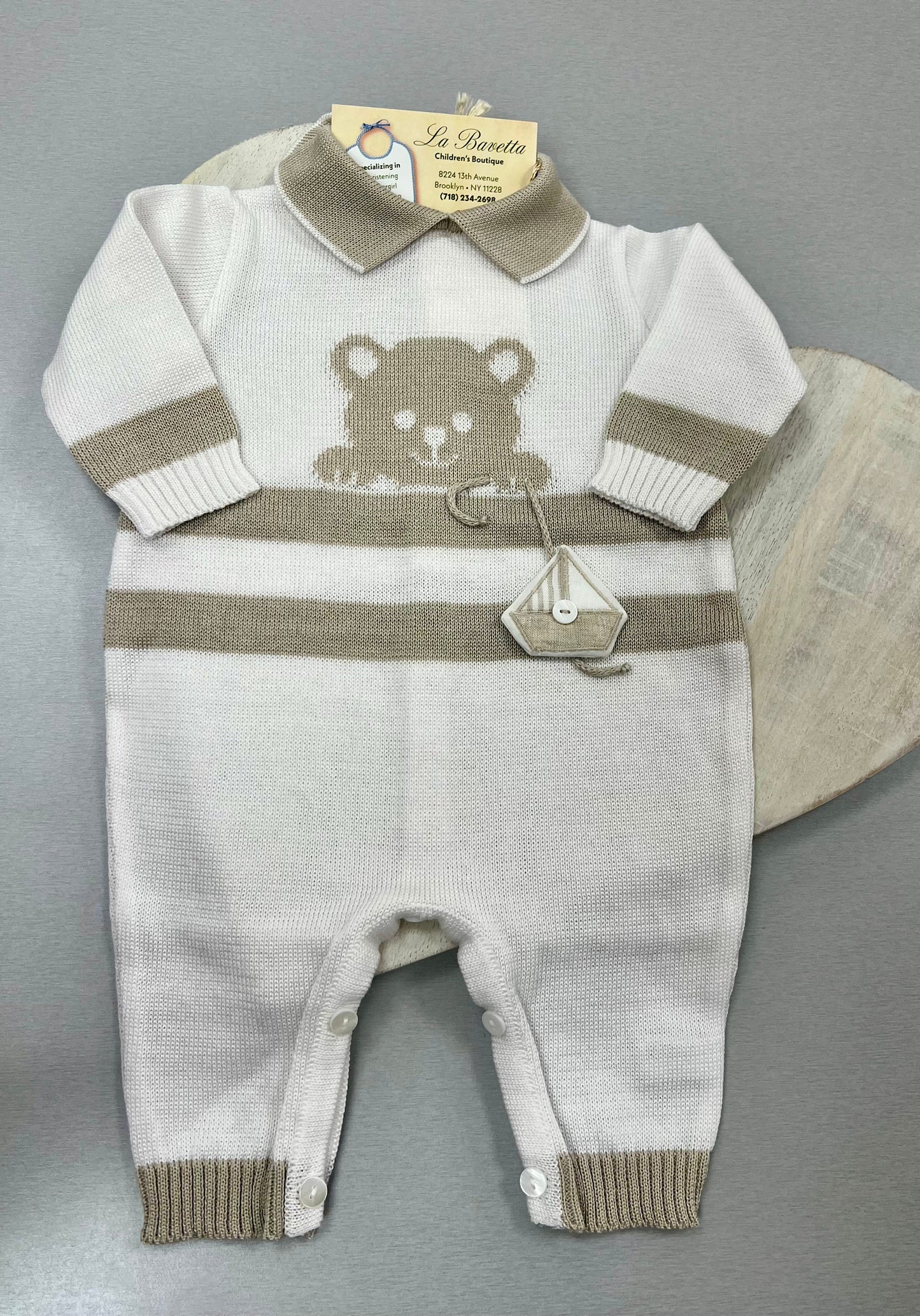 Teddy Bear Knitted Romper with Collar Made In Italy