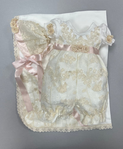 Ivory Lace with soft pink Ribbon take me home set