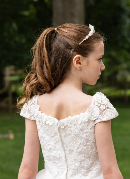 Diamond White off shoulder cap sleeve venice lace first Communion
dress