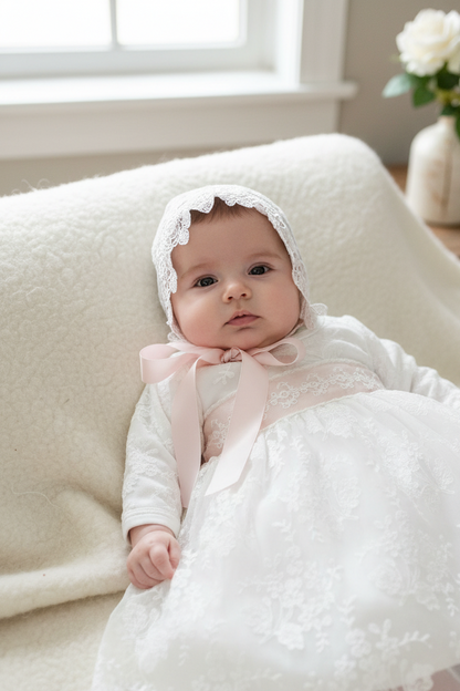 Lace Romper/Dress with pink accents & Bonnet