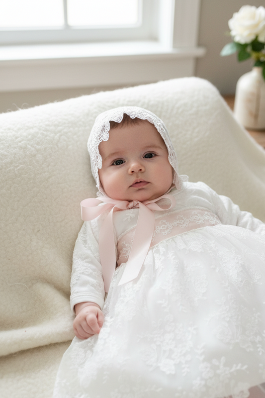 Lace Romper/Dress with pink accents & Bonnet