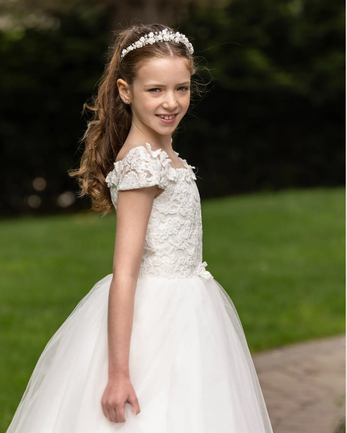 Diamond White off shoulder cap sleeve venice lace first Communion
dress