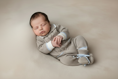 Bimbalo Tan Baby Blue & Ivory  trimming romper 4pc take me home set