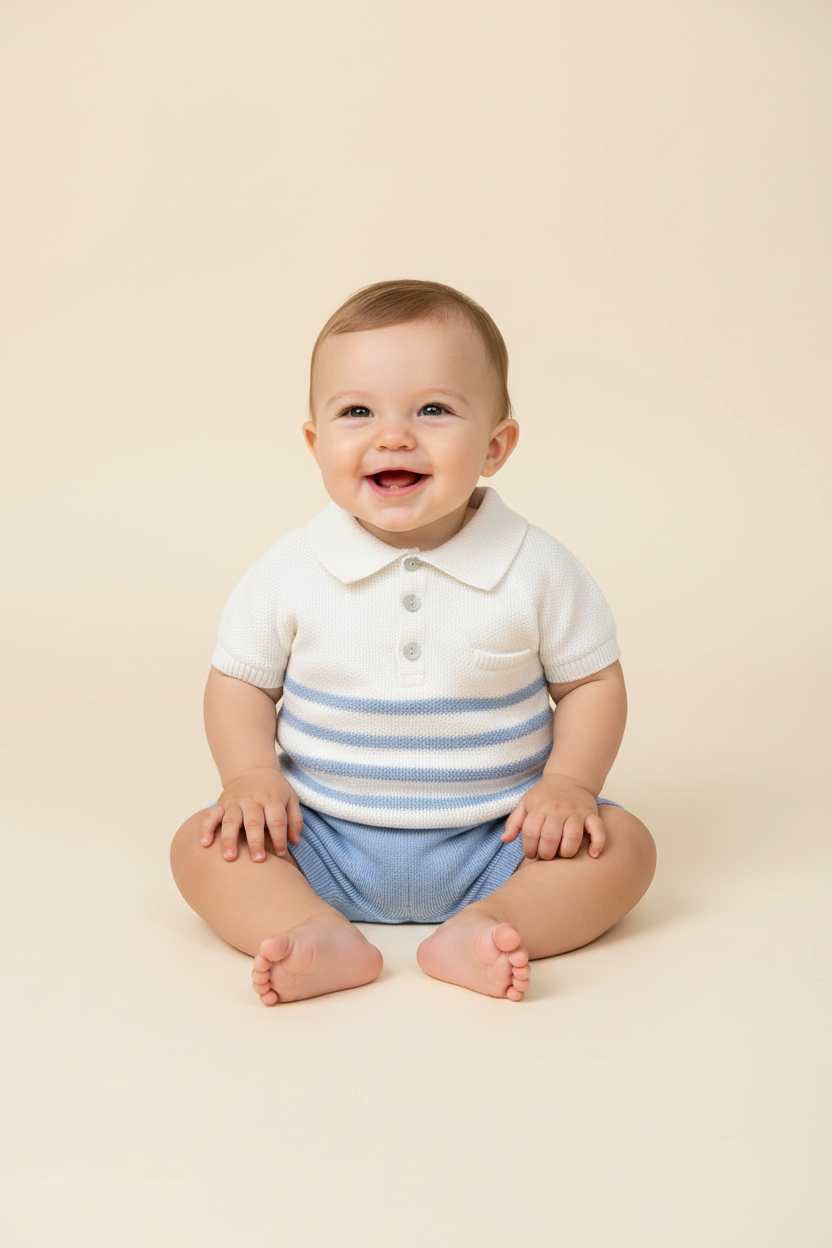 Baby Boy Ivory & Beige Striped Knit Polo Set