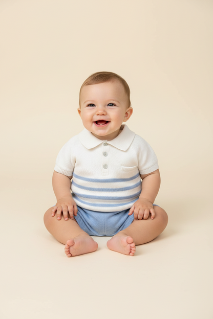 Baby Boy Ivory & Beige Striped Knit Polo Set