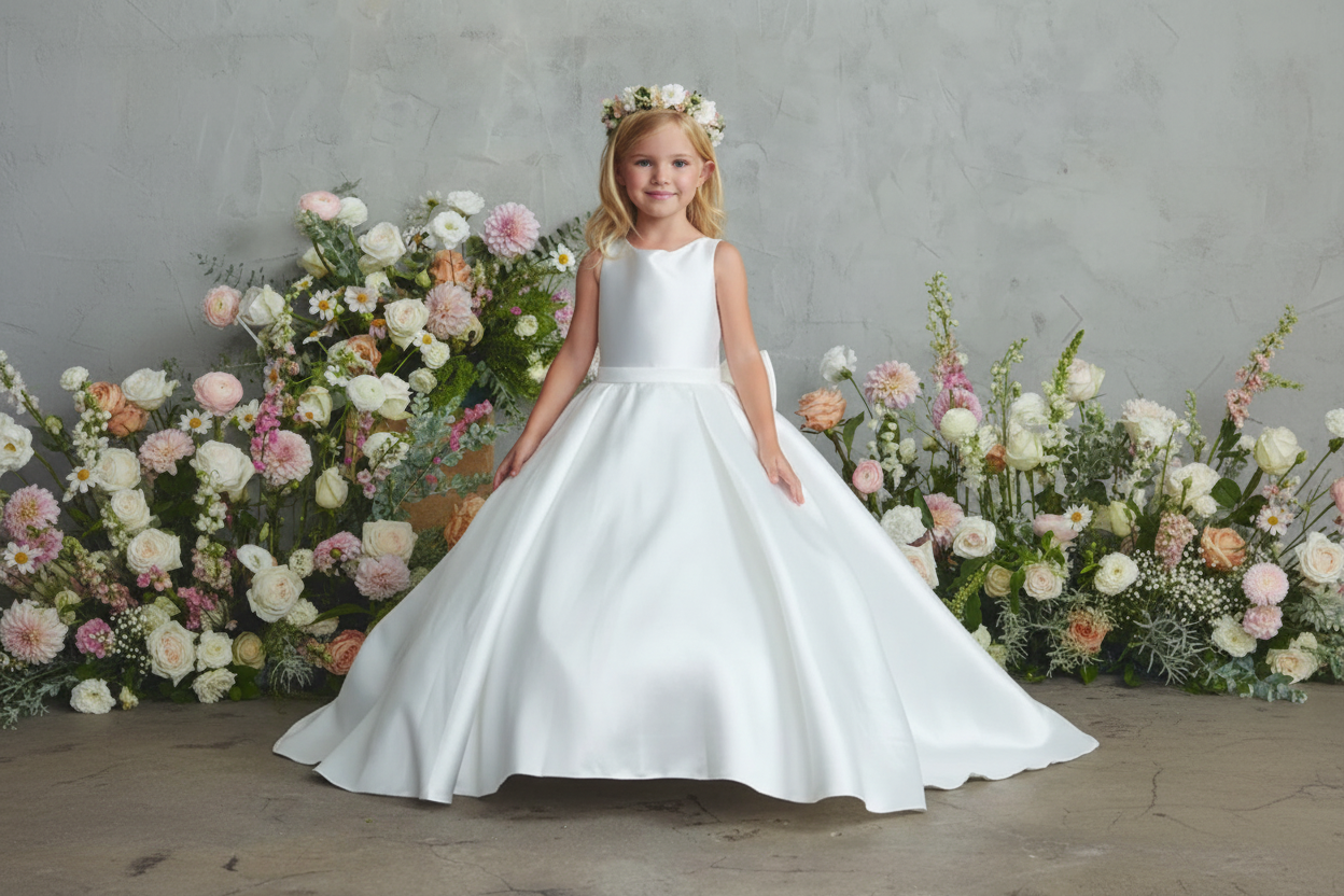 Micado Flower girl Dress with train and big bow