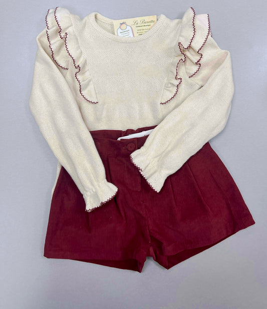 2pc Girls Burgundy & Ivory winter shorts  set