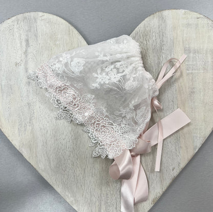 White lace romper with pink Bow