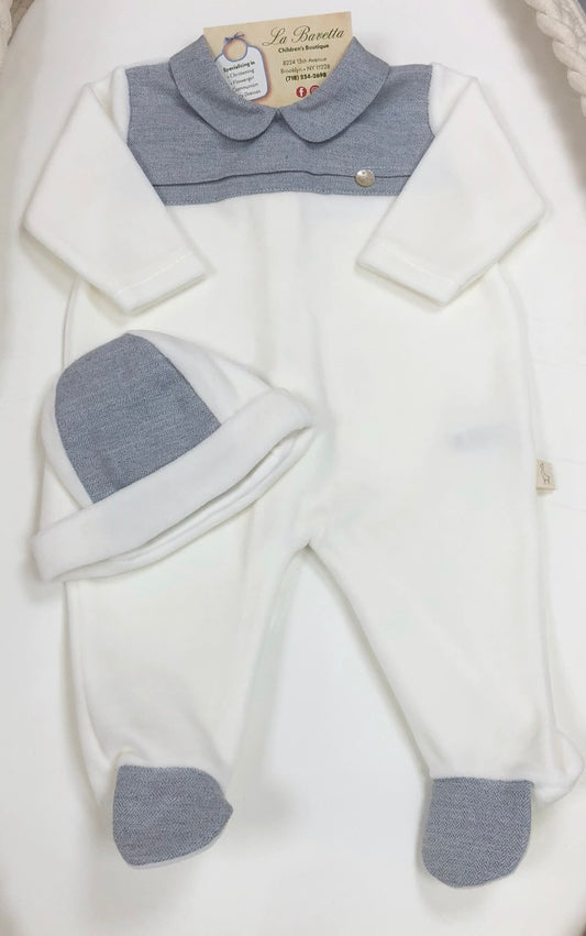 Velour Ivory Romper with Hat W/ Blue Grey Trim