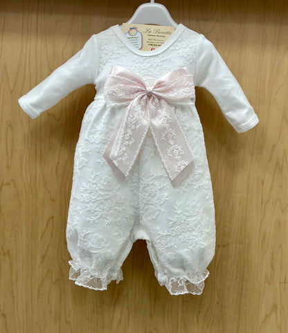 White lace romper with pink Bow