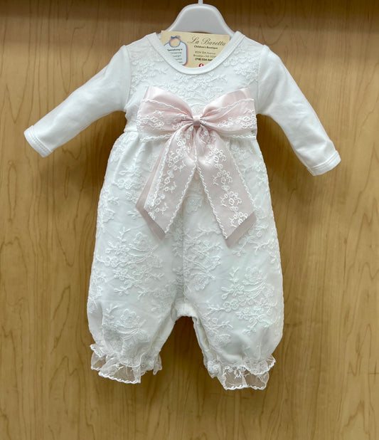 White lace romper with pink Bow