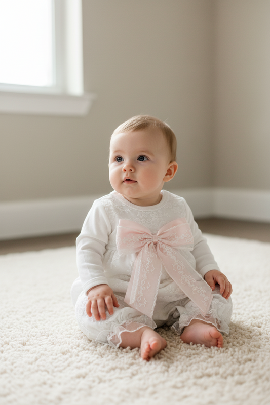White lace romper with pink Bow
