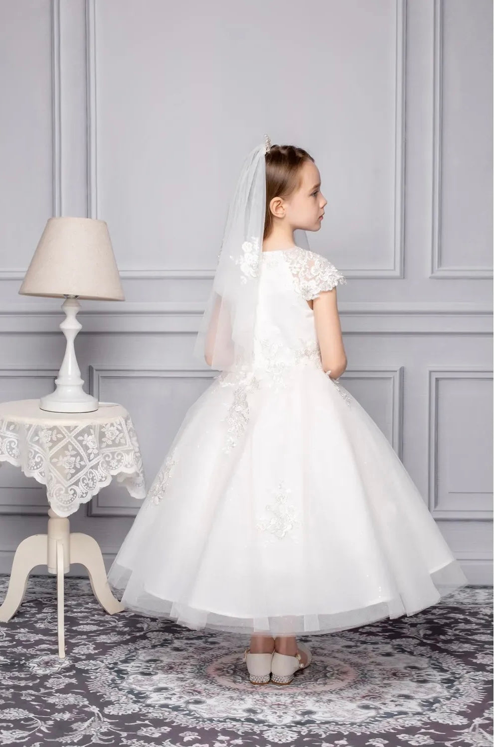 White  embroidered Bodice with cap sleeve communion Dress