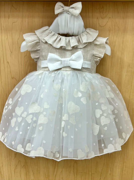 Bimbalo Beige Linen and Tulle Heart Dress made in Italy