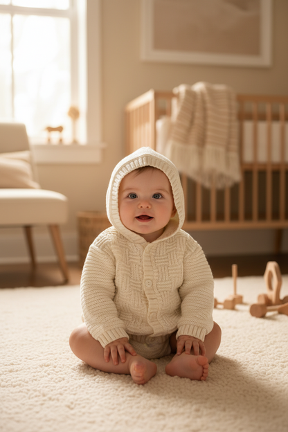 Ivory cotton knit Sweater with hood 008178
