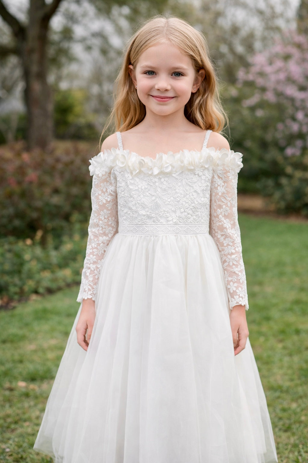 Off-Shoulder Lace & Tulle Flower Girl Dress